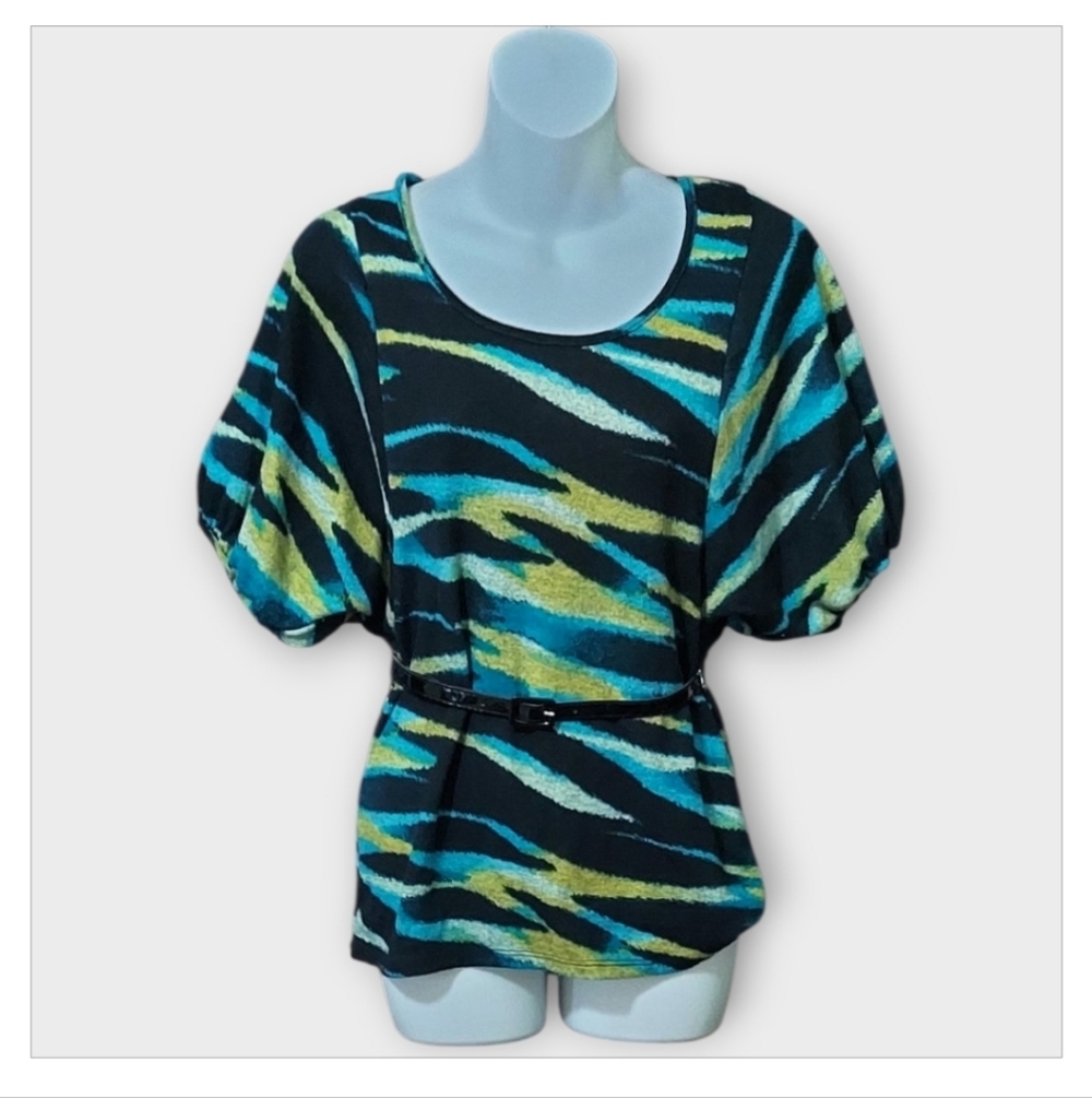 NWT Chime's Navy, Gold, and Blue Tiger Print Sweater With Belt
